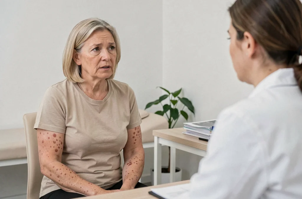 Patiente atteinte de psoriasis en consultation dermatologique, illustrant l'accompagnement médical et l'impact de la maladie sur le bien-être global