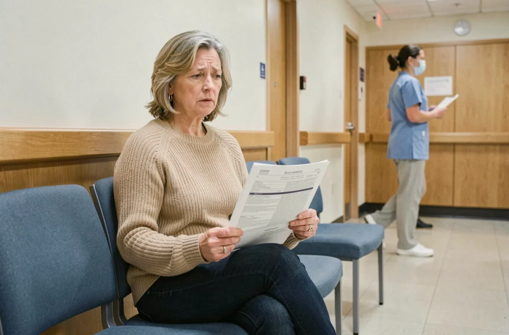 Patiente lisant ses résultats de bilan sanguin avec un excès de ferritine dans une salle d'attente hospitalière