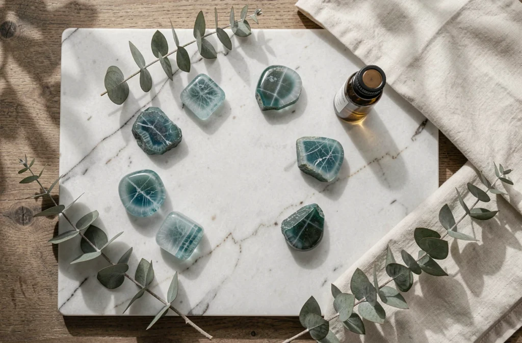 Disposition de pierres d'amazonite brutes et polies avec des accessoires de bien-être sur marbre blanc pour apaiser le stress