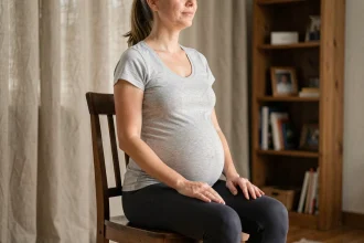 Femme enceinte adoptant une bonne posture assise sur une chaise en bois pour soulager les douleurs dorsales pendant la grossesse
