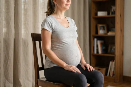 Femme enceinte adoptant une bonne posture assise sur une chaise en bois pour soulager les douleurs dorsales pendant la grossesse