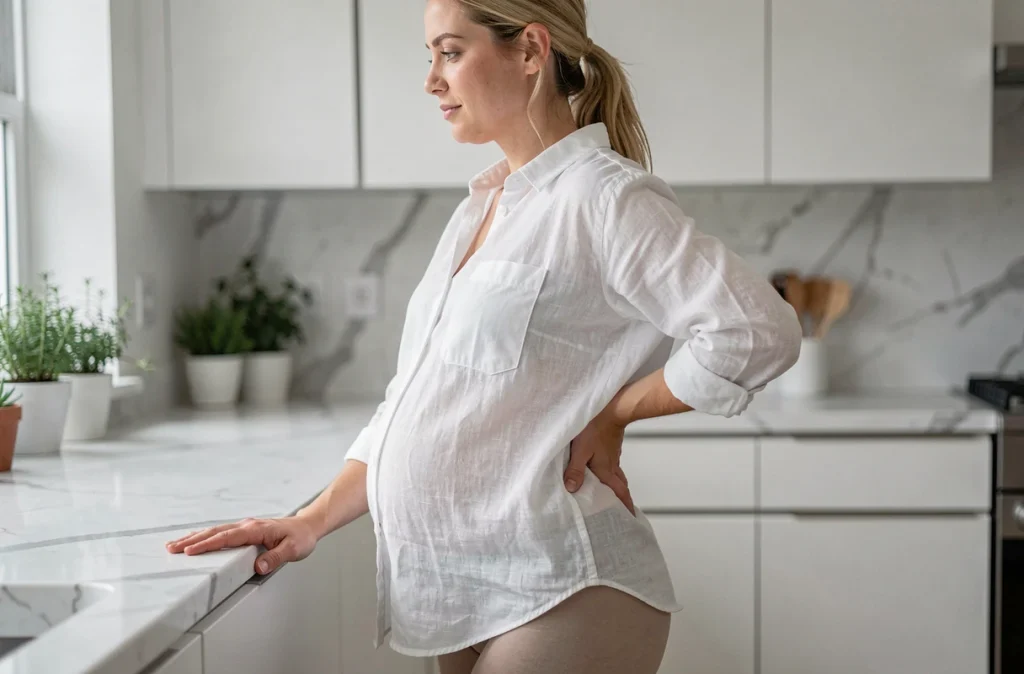 Femme enceinte debout dans une cuisine adoptant une posture neutre du bassin pour réduire les douleurs lombaires