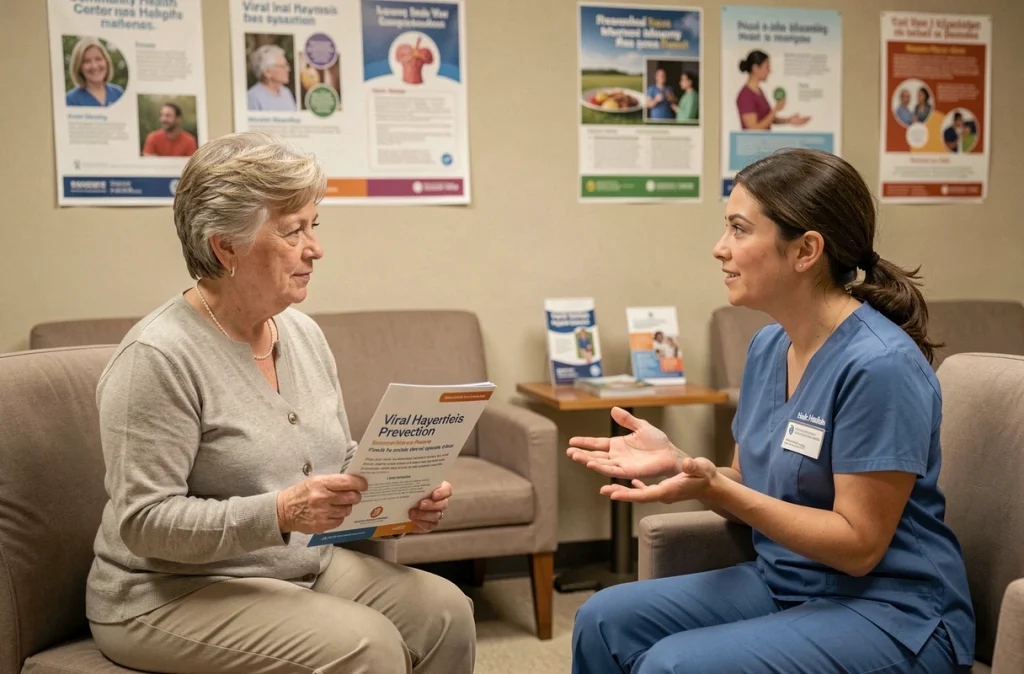 Consultation de prévention des hépatites virales entre une patiente et une infirmière dans un centre de santé communautaire