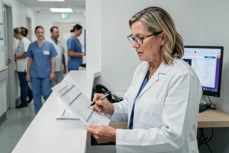 Radiologue examinant un devis médical pour un scanner TEP avec les mentions obligatoires à vérifier
