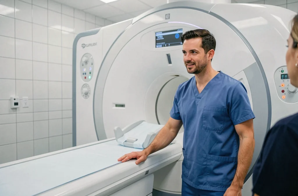 Radiologue expliquant la procédure du scanner des sinus à un patient pour réduire l'anxiété médicale