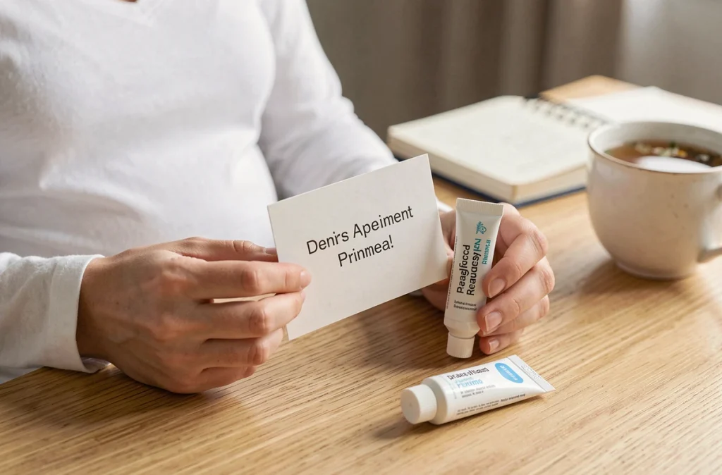 Carte de rendez-vous dentaire et dentifrice adapté à la grossesse sur une table en bois, prévention bucco-dentaire prénatale