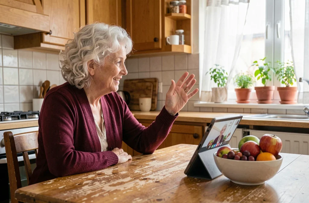 Femme retraitée âgée faisant un appel vidéo depuis sa cuisine, illustrant l'usage des technologies numériques pour rompre la solitude après la retraite