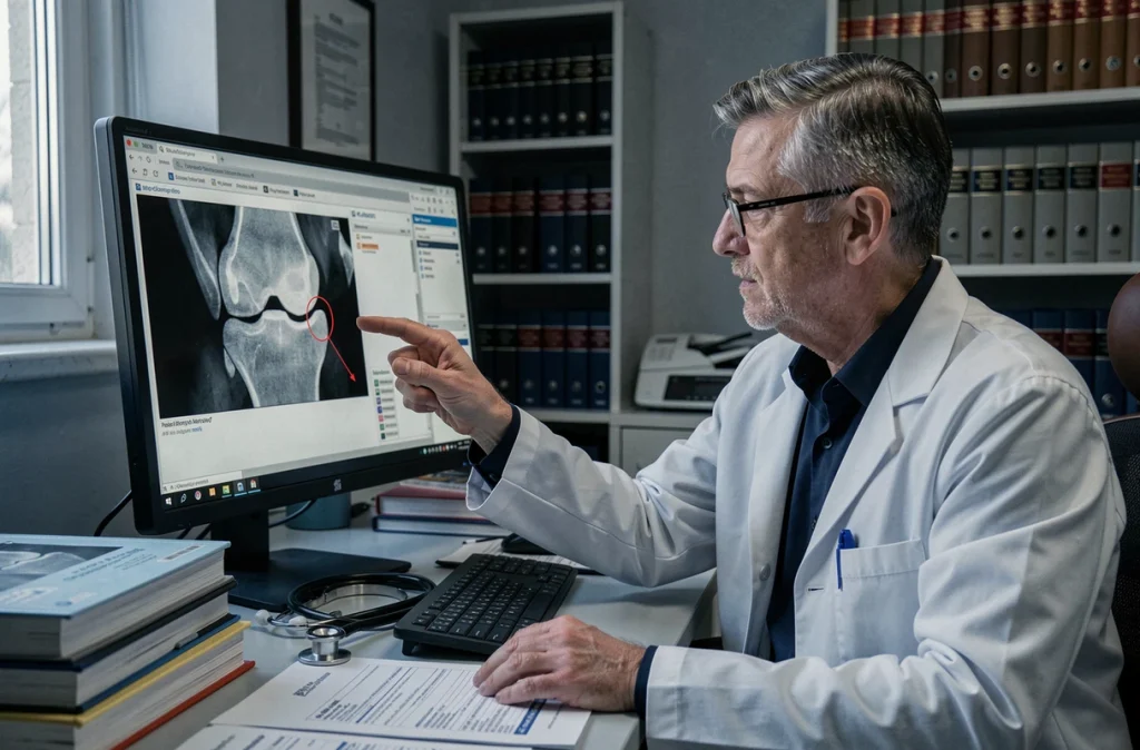 Rhumatologue analysant des résultats d'imagerie médicale liés à une pathologie auto-immune