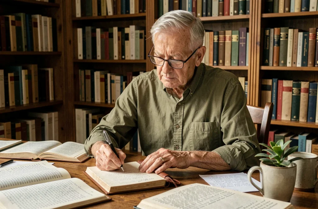 Un homme âgé écrit dans un journal entouré de livres dans une bibliothèque personnelle, représentant l'écriture comme exercice de stimulation cognitive
