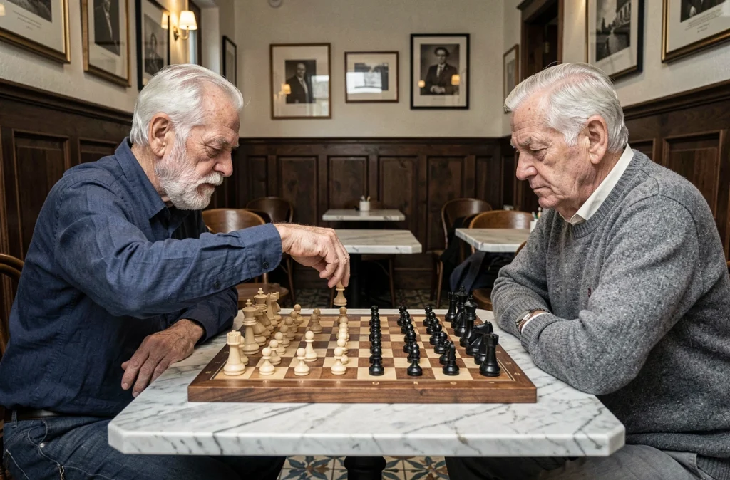 Deux hommes âgés jouant aux échecs dans un café, symbolisant l'entraînement mental et la stimulation cognitive des personnes âgées