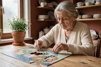 Une femme âgée aux cheveux argentés assemble un puzzle complexe à une table en bois, illustrant la stimulation cognitive chez les seniors