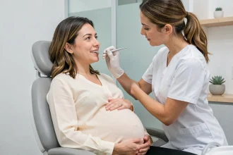 Femme enceinte lors d'un examen dentaire avec une dentiste dans un cabinet moderne et lumineux