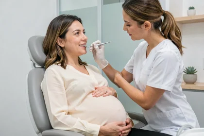 Femme enceinte lors d'un examen dentaire avec une dentiste dans un cabinet moderne et lumineux