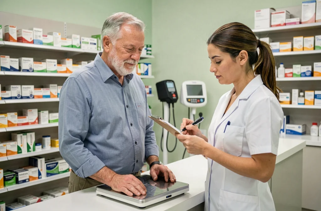 Un homme senior se faisant peser et contrôler par une pharmacienne lors d'un suivi de santé régulier en pharmacie