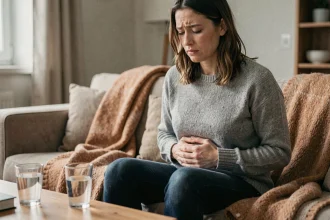 Femme jeune tenant son abdomen avec une expression de douleur légère, symptôme précoce de la maladie de Crohn