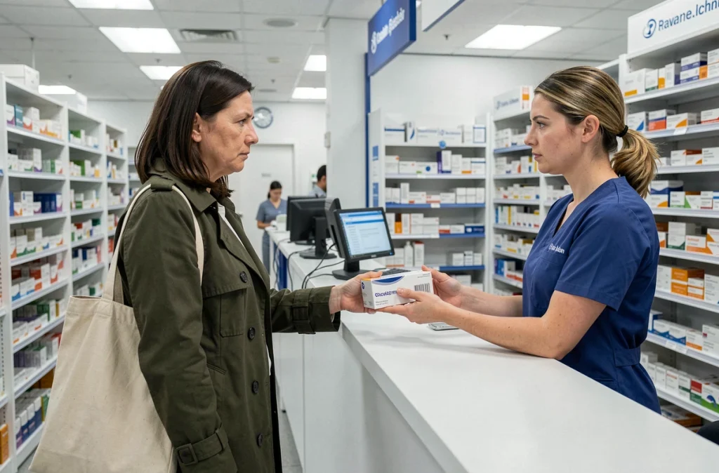 Patiente recevant un traitement médicamenteux pour une maladie auto-immune à la pharmacie hospitalière