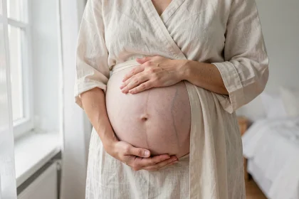 Femme enceinte aux troisième trimestre tenant son ventre arrondi, mettant en valeur les transformations de la peau pendant la grossesse comme la linea nigra et les vergetures