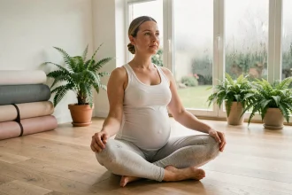 Femme enceinte pratiquant le yoga prénatal dans un studio lumineux, illustrant les bienfaits de l'activité physique adaptée pendant la grossesse