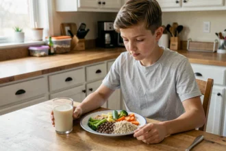 Adolescent atteint de la maladie de Sever devant une assiette équilibrée sans gluten ni produits laitiers dans une cuisine familiale
