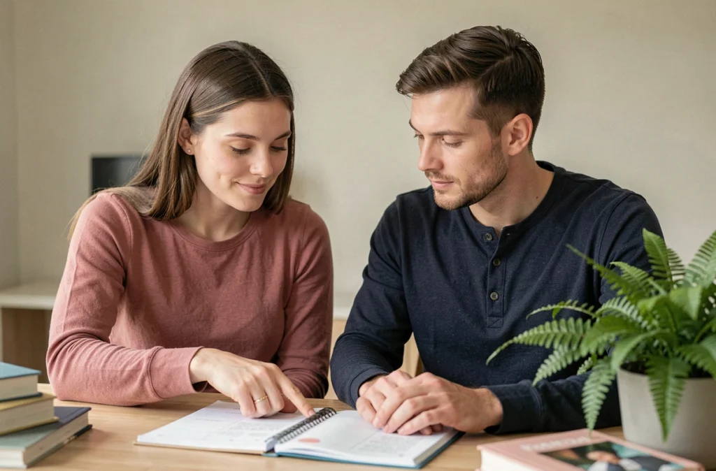 Couple consultant ensemble un agenda pour calculer la date du terme après une fausse couche, ambiance bienveillante à domicile