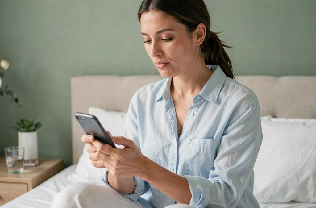 Femme consultant une application de suivi de cycle sur smartphone pour calculer la date du terme après l'arrêt de la pilule