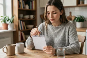 Jeune femme calculant une date sur un calendrier papier dans une cuisine chaleureuse après une fausse couche ou l'arrêt de la pilule