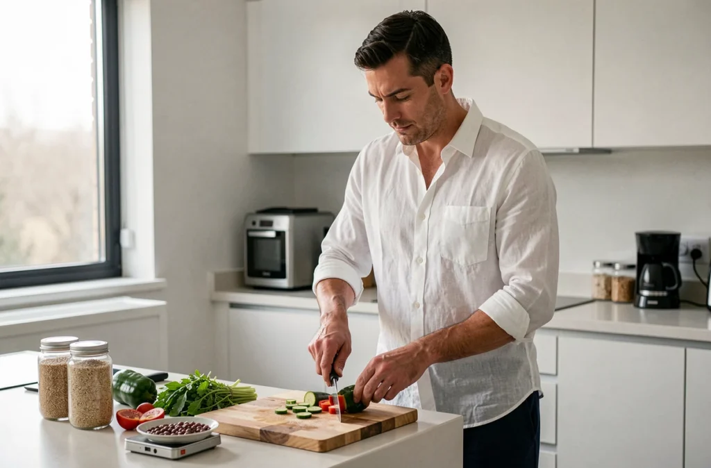 Homme préparant un repas équilibré dans sa cuisine à domicile pour perdre du poids sans faire de sport
