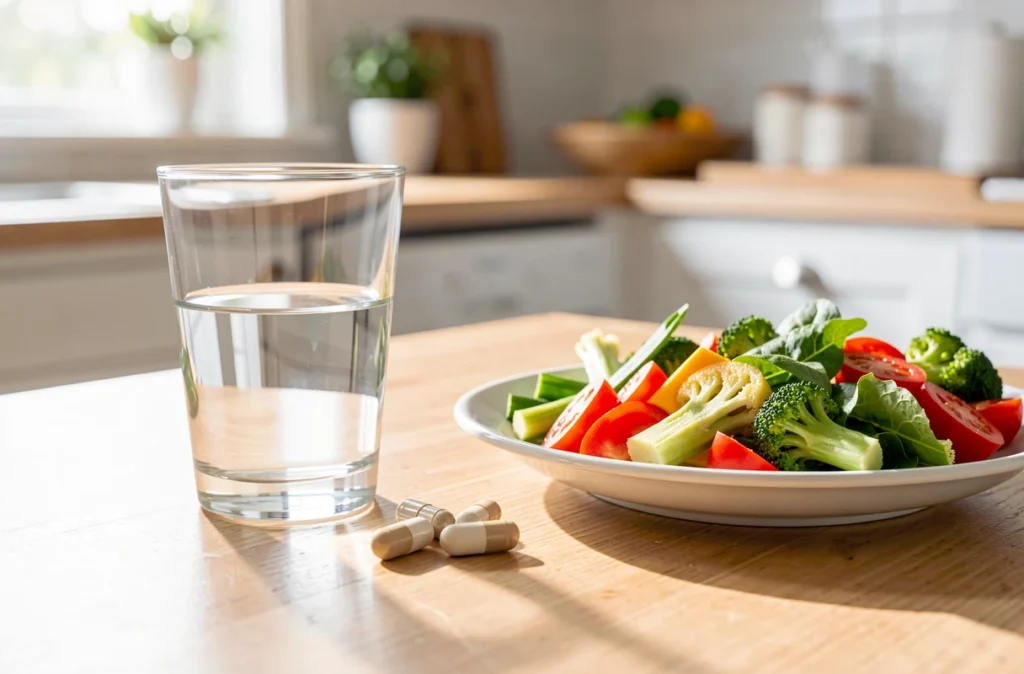 Gélules et verre d'eau posés à côté d'un repas