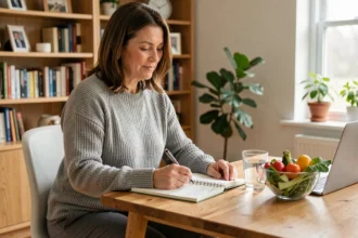 Femme travaillant depuis chez elle avec un carnet de plan alimentaire et des légumes frais sur son bureau en bois